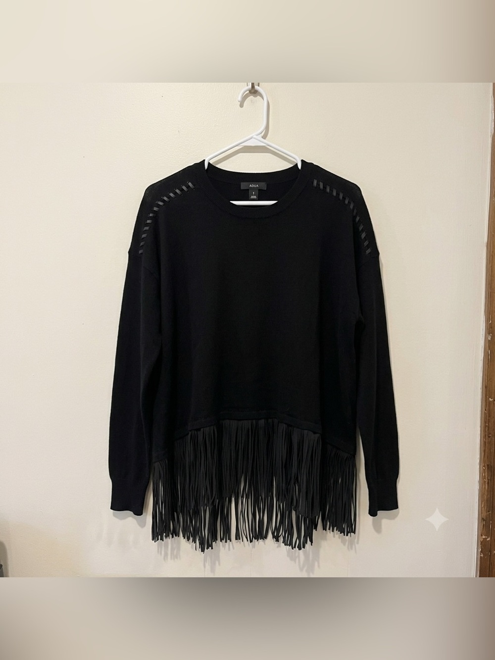 Bloomingdales AQUA Black Fringe Sweater Western Boho Knit Pullover L